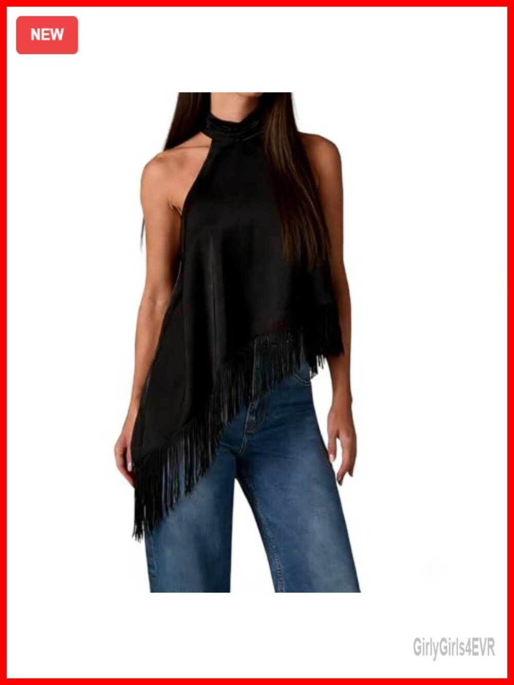 Halter Mock Neck Tassel Hem Asymmetrical Sleeveless Elegant Top